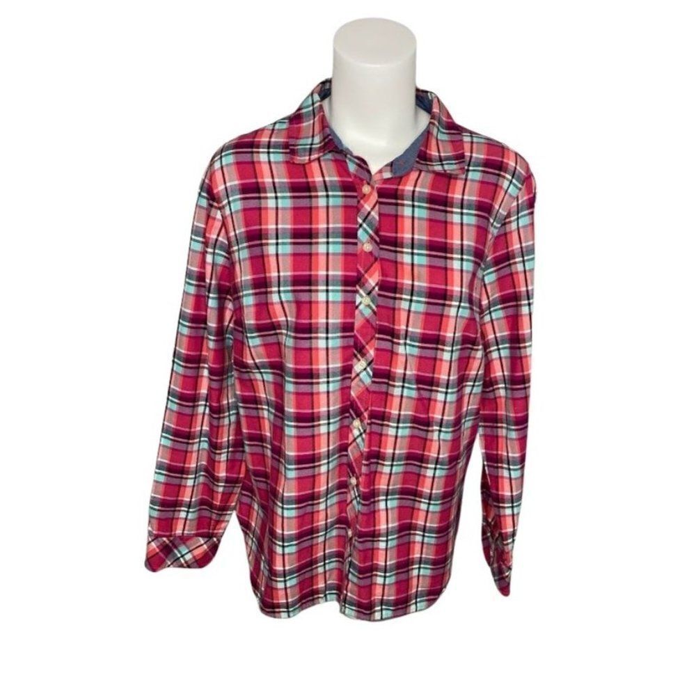 TALBOTS Button Down‎ Pink Aqua Plaid Long Sleeve Cotton Top Large